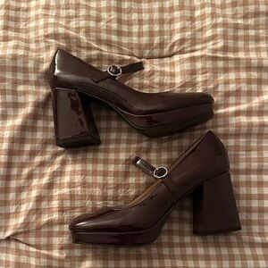 Patent Mary Jane Block Heels in Deep Burgundy